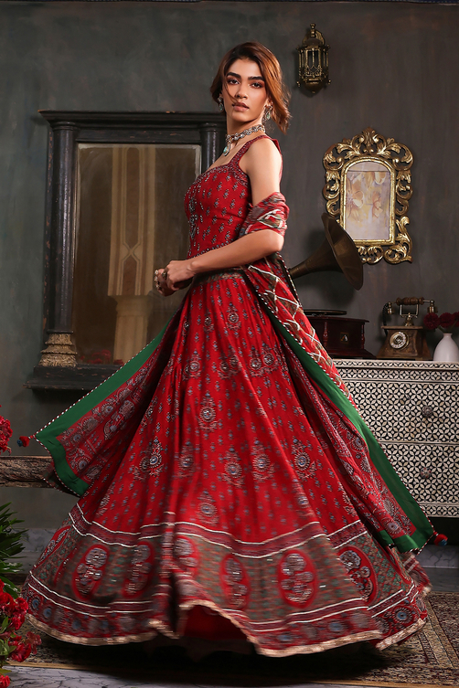 Red Chanderi Printed Fitted Lehenga Set